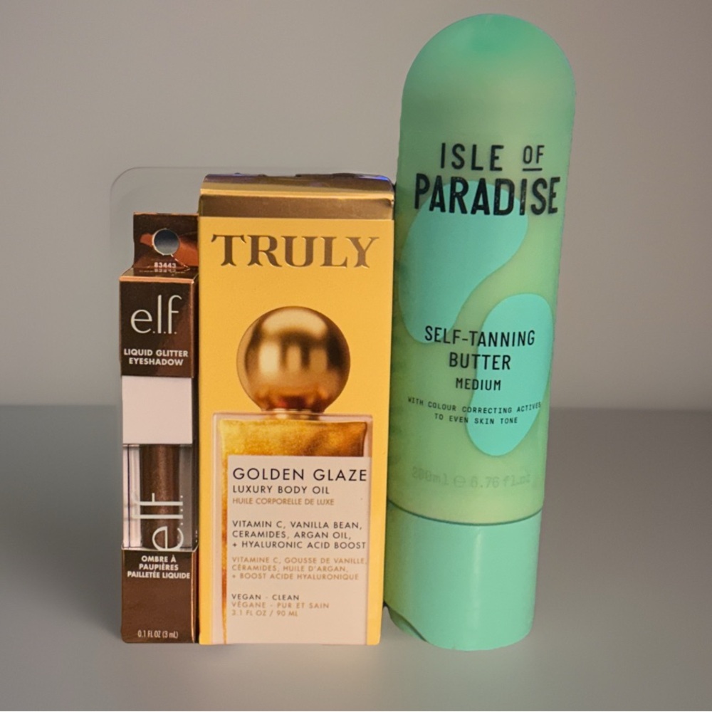 Isle of Paradise Tanner w Elf Glitter Eyeshadow-Truly and Golden Glaze Body Oil